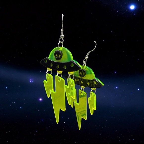 Jewelry - Neon Day-Glo Alien UFO Earrings Acrylic Drop Dangle Festival Rave Space Weird